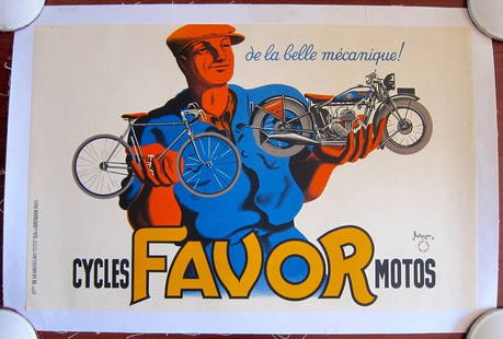 Cycles Favor Motos - Art By Bellenger (1917) French Advertising Poster LB: Cycles Favor Motos - Art By Bellenger (1917) French Advertising Poster LB Reserve: $425.00 Shipping:Domestic: Flat-rate of $28.00 to anywhere within the contiguous U.S.International: Foreign