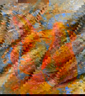 Oil painting Honey pears Sergey Voichenko: ?Voich 11 The abstract oil painting titled "Honey Pears" captures the voluptuous form and warm essence of ripe pears. The artist uses a palette rich in golden yellows, burnt oranges, and touches of de