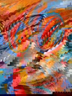 Oil painting Jazz Glasses Sergey Voichenko: ?Voich 14 The oil painting titled "Jazz Glasses" is a visually striking composition that combines the aesthetics of abstract art with a touch of surreal portraiture. The focal point of the artwork is
