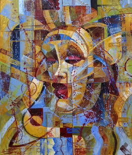 Oil painting Naomi Sergey Voichenko: ?Voich 17 This abstract oil painting titled "Naomi" is a visually striking composition that layers geometric abstraction with figurative elements to create a complex and engaging portrait. The dominan