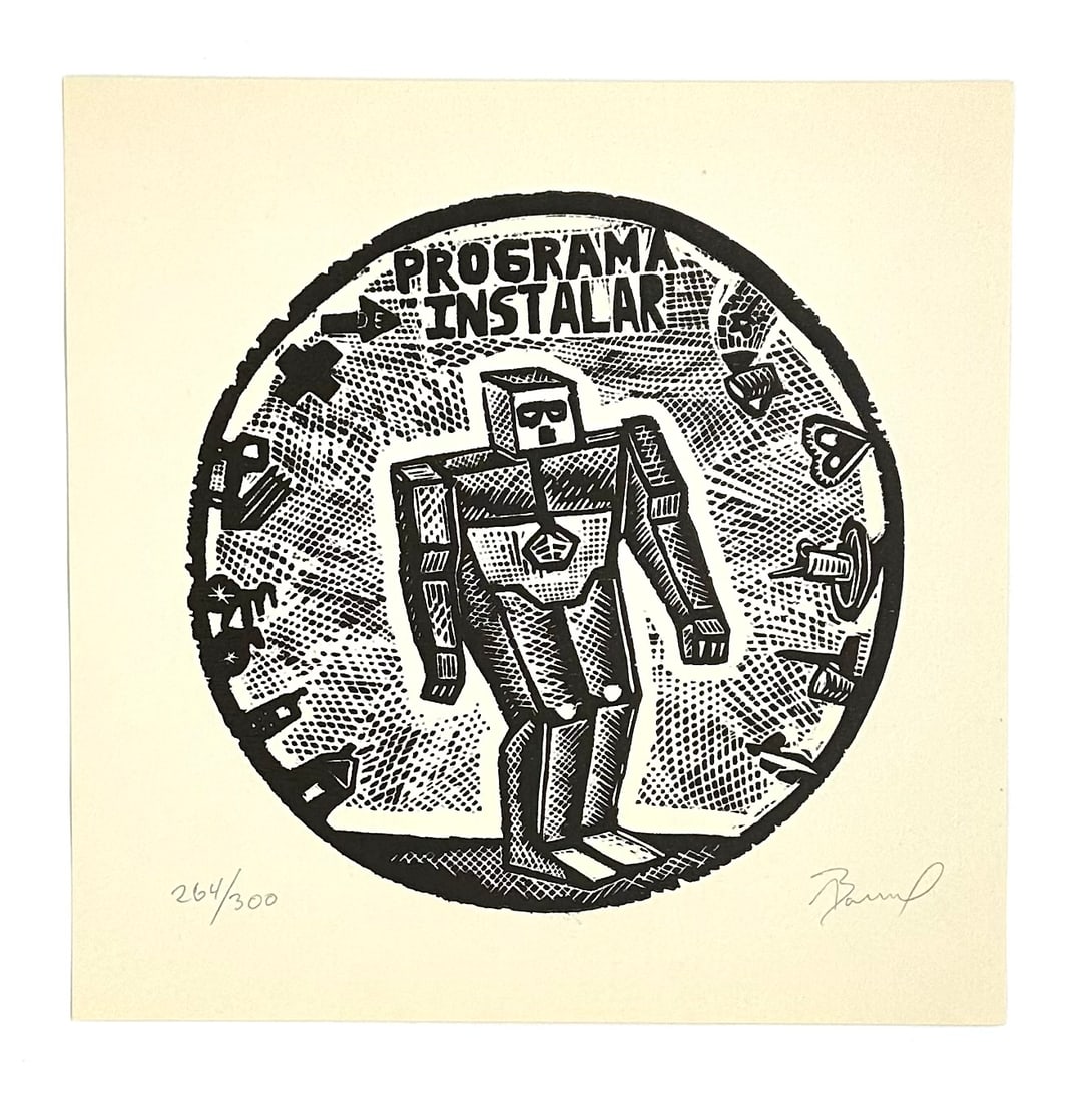 Abel Barroso Cuban engraving 2002, 8.1 x 8.1 in.: Artist: Abel Barroso (Cuba, 1971) Work Title: Untitled (La Huella Multiple) Date/Period: 2002 Medium: engraving Overall Size: 8.1 x 8.1 in. (20.5 x 20.5 cm.) Reserve: $150.00 Shipping: Domestic: Flat-