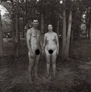 DIANE ARBUS - Husband, Wife, Nudist Camp, NJ, 1963: Artist: Diane Arbus Title: A Husband and Wife in the Woods at a Nudist Camp, NJ, 1963 Medium: Photo Litho, 1972, USA Dimensions: 8.25x8.4" Description: Heat Wax Mounted on 11x14" Conservation Board Ar