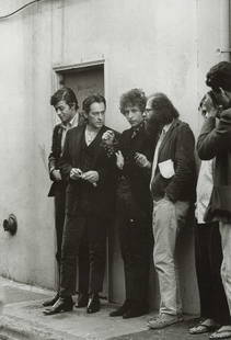 JIM MARSHALL -  Robertson, McClure, Dylan, Ginsberg: Artist: Jim Marshall Title: Robbie Robertson, Michael McClure, Bob Dylan and Allan Ginsberg, San Francisco, 1965 Medium: Photo Litho, 2000, Italy Dimensions: 5.55x8.1" Description: Heat Wax Mounted on