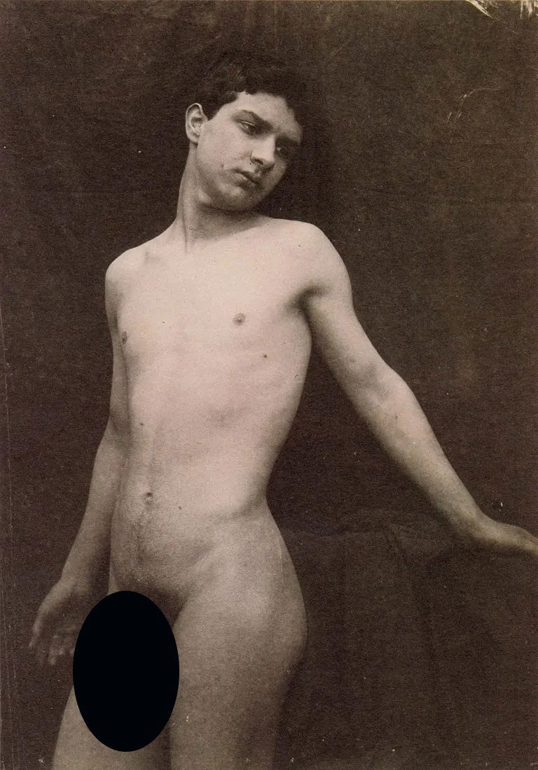 WILHELM VON GLOEDEN - Male Figure: Artist: Wilhelm Von Gloeden Title: Male Figure Medium: Photo Litho, 1986, USA Dimensions: 4.9x7" Description: Heat Wax Mounted on 8.5x11" Conservation Board Artist Bio: Baron Wilhelm von Gloeden (1856