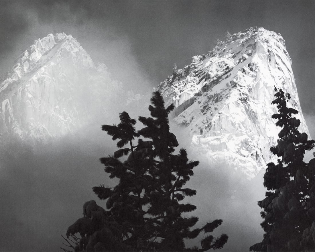 ANSEL ADAMS - Eagle Peak and Middle Brother, Yosemite: Artist: Ansel Adams Title: Eagle Peak and Middle Brother, Winter, Yosemite National Park, California, 1968 Medium: Photo Litho, 1974, USA Dimensions: 14.45x11.55" Description: Heat Wax Mounted on 14x1