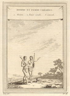 Homme et Femme Caraïbes'. Carib man & woman. Caribbean. Basket Caracoli 1759: Title: Homme et Femme Caraïbes'. Carib man & woman. Caribbean. Basket Caracoli 1759 Description: Homme et Femme Caraïbes 1. Bouton 2. Panier Caraïbe 3. Caracoli [Carib man and woman 1.