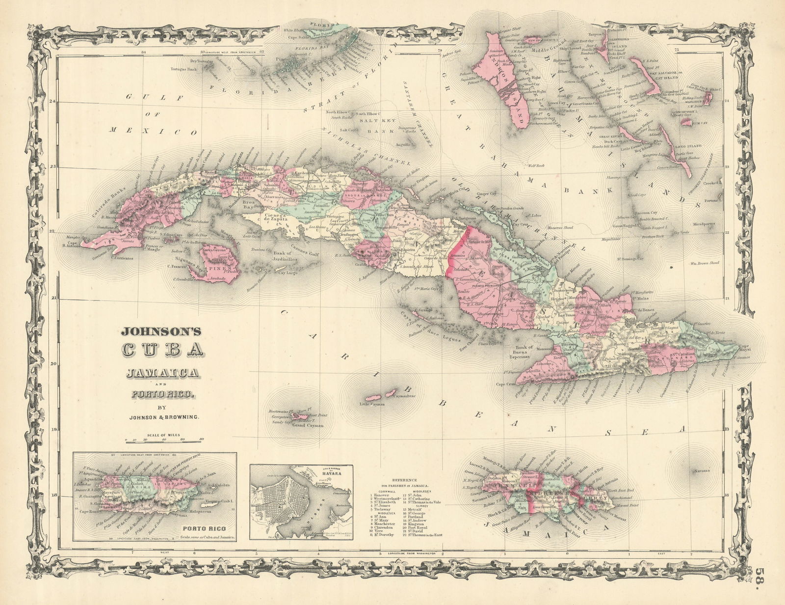 Johnson's Cuba, Jamaica & Porto Rico. Puerto Rico. Bahamas Florida Keys 1861 map (1 of 2)