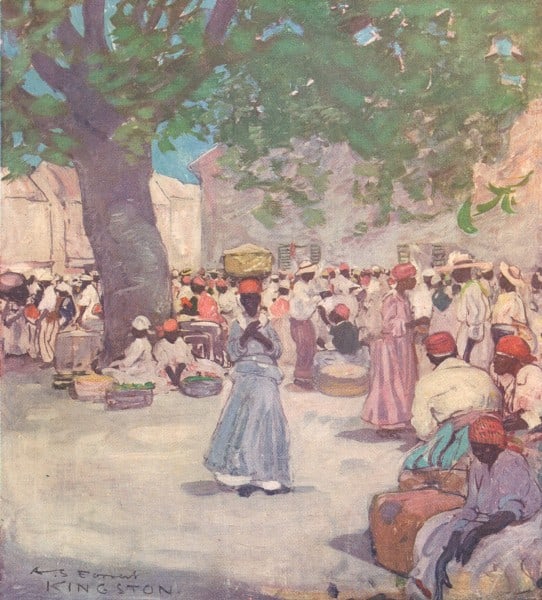 WEST INDIES. The Tobacco Market, Kingston. Jamaica 1905 old antique print: Title: WEST INDIES. The Tobacco Market, Kingston. Jamaica 1905 old antique print Description: The Tobacco Market, Kingston' by From a painting by Archibald Stevenson Forrest (1905). Coloured antique p