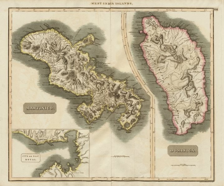 Dominica & "Martinico" (Martinique). Fort-de-France bay. THOMSON 1817 old map: Title: Dominica & "Martinico" (Martinique). Fort-de-France bay. THOMSON 1817 old map Description: Dominica. Martinico. Cul de Sac Royal' by Drawn & engraved by James Kirkwood & Son for John Thomson's