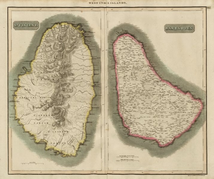 St Vincent & "Barbadoes". Barbados. West Indies Caribbean. THOMSON 1817 map: Title: St Vincent & "Barbadoes". Barbados. West Indies Caribbean. THOMSON 1817 map Description: Barbadoes. St Vincent' by Drawn & engraved by James Kirkwood & Son for John Thomson's "New General Atlas