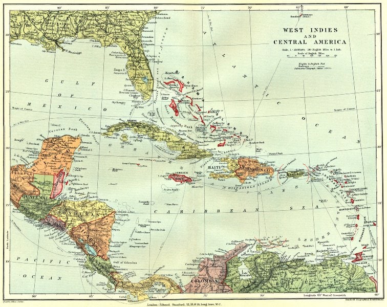 CENTRAL AMERICA/WEST INDIES. shows Danish Antilles. STANFORD 1906 old map: Title: CENTRAL AMERICA/WEST INDIES. shows Danish Antilles. STANFORD 1906 old map Description: West Indies and Central America' by Stanford, Edward (1906). Colour antique map. Scale 1: 12,038,400, 25.5
