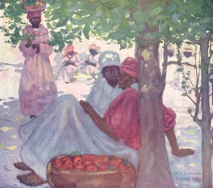 WEST INDIES. A Roadside Market, Jamaica 1905 old antique vintage print picture: Title: WEST INDIES. A Roadside Market, Jamaica 1905 old antique vintage print picture Description: A Roadside Market, Jamaica' by From a painting by Archibald Stevenson Forrest (1905). Coloured antiqu