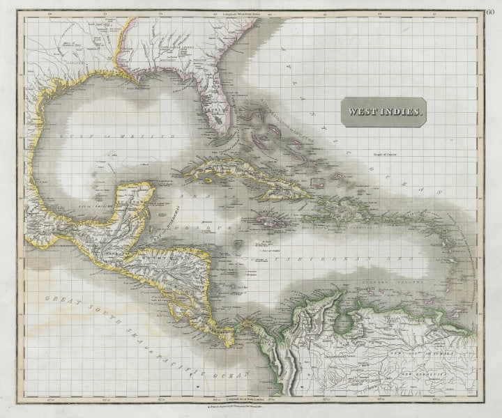 West Indies. Caribbean islands Antilles Gulf of Mexico Florida. THOMSON 1830 map: Title: West Indies. Caribbean islands Antilles Gulf of Mexico Florida. THOMSON 1830 map Description: West Indies' by Drawn & engraved for John Thomson's "New General Atlas" (1830). Antique early 19th