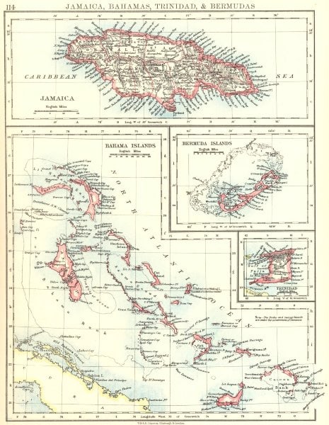 CARIBBEAN/ATLANTIC ISLANDS.Jamaica Bermuda Bahamas Trinidad. JOHNSTON 1899 map (1 of 3)