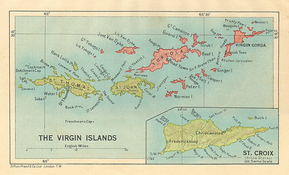 BRITISH/US VIRGIN ISLANDS Tortola Virgin Gorda St Croix St Thomas/John 1935 map (1 of 3)