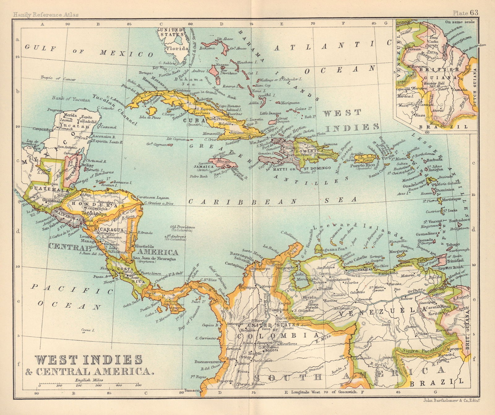 West Indies and Central America; Inset British Guiana. Caribbean 1898 old map (1 of 2)