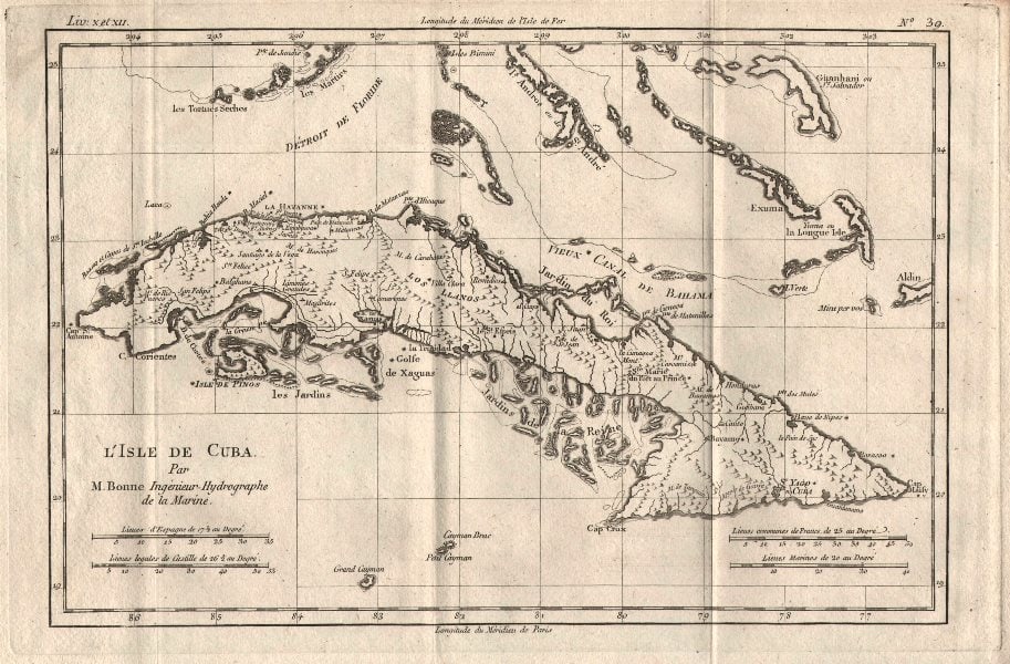 L'Isle de Cuba, the southern Bahamas and the Florida Keys. BONNE 1780 map (1 of 3)