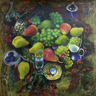 Oil painting Fruit on the table Maksimenko Nikolay Antonovich: ?Verns 164 *** ABOUT THIS PAINTING *** * TITLE: "Fruit on the table" * ARTISTS: Maksimenko Nikolay Antonovich * SIZE: 100x100 cm/'39.37x39.37 inches' * MEDIUM: oil, cardboard * HAND PAINTED: