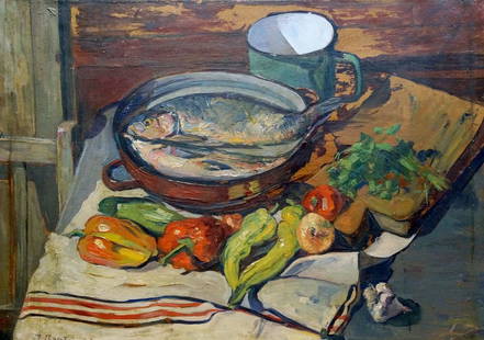 Oil painting Fish soup I. Braz: ?Verns 175 *** ABOUT THIS PAINTING *** * TITLE: "Fish soup" * ARTISTS: I. Braz * SIZE: 50x70 cm/'19.68x27.55 inches' * MEDIUM: oil, cardboard * HAND PAINTED: Original painting from our collection * CO