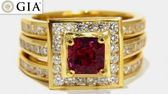 GIA Certified 1.51ct Asscher cut vivid red ruby 2.00ct diamonds ring 18kt+: MAGNIFICENT JEWELS GIA Certified 1.51Ct Natural Ruby Ring Report: 5171034909 Octagonal cut (asscher cut) Excellent color stability Pigeon Blood Red. Excellent cut Clean Clarity Thailand Origin Round