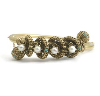 Victorian Revival Pearl Turquoise Bangle Bracelet 14K Yellow Gold, 20.39 Gr: Victorian Revival Pearl Turquoise Bangle Bracelet 14K Yellow Gold, 20.39 Gr This is a gorgeous and unique bracelet! Will surely make a statement! Please let us know if you have any questions. Circa: