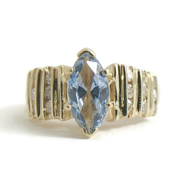 Vintage Marquise Light Blue Topaz Diamond Ring 14K Yellow Gold, 4.75 Grams (1 of 6)