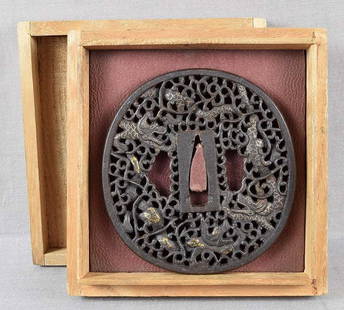 Large 18c Japanese sword TSUBA 3 fighting DRAGONS: Unusually large 18th century or earlier Japanese sword iron tsuba with pierced decoration of three dragons fighting among scrolling vines. Strong early piece with numerous perforations and three