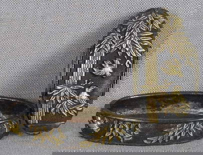 19c Japanese sword FUCHI KASHIRA birds & bamboo: 19th century or earlier Japanese sword set of fuchi (bordering piece between the sword guard and the handle) and kashira (metal pommel at the end of the hilt of a sword) with gilded relief design of s