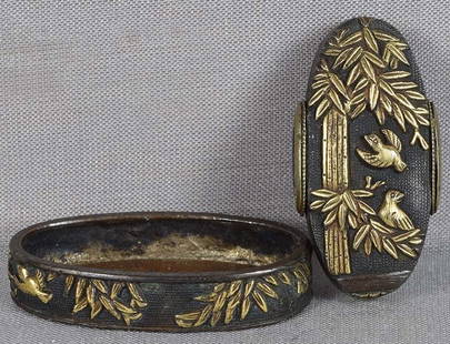 19c Japanese sword FUCHI KASHIRA birds & bamboo: 19th century or earlier Japanese sword set of fuchi (bordering piece between the sword guard and the handle) and kashira (metal pommel at the end of the hilt of a sword) with gilded relief design of