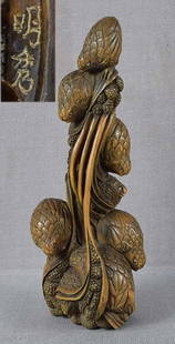Netsuke 8 QUAILS on millet by AKIHIDE 10.8 cm: Tall boxwood netsuke of 8 quails feeding on millet. Perfectly captured mood of the scene, extraordinary carving to the last detail, eyes are double inlaid with horn and mother of pearl, beautiful fini