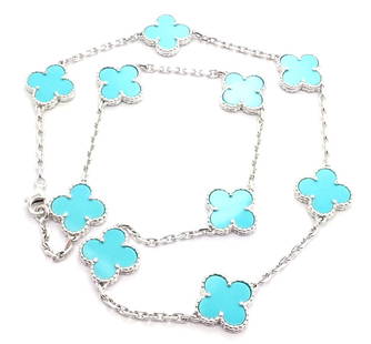 Van Cleef & Arpels 18k White Gold 10 Motif Alhambra Turquoise Necklace Paper: Van Cleef & Arpels 18k White Gold 10 Motif Alhambra Turquoise Necklace Paper Van Cleef & Arpels 18k White Gold 10 Motif Alhambra Turquoise Necklace Paper Product Description About This Piece: *** This