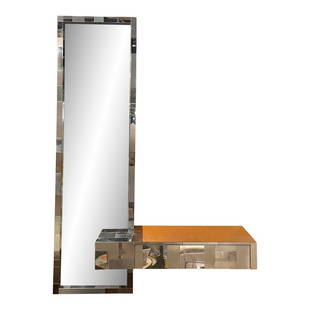 Paul Evans Cityscape Mirror With Floating Console for Directional: Paul Evans cityscape mirror with floating console or vanity. Chrome frame in original condition. This adds a stunningly modern and chic vibe to any room. DIMENSIONS: 48ʺW ? 8ʺD ? 68.5ʺH