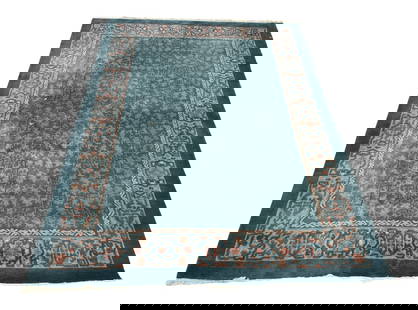 1940s Vintage Chinese Pile Rug: A stunning mint green with subtle orange accents is on offer. Lots of visual movement in this plush piece. DIMENSIONS: 8?6? ? 11?9? and 1.0? thick STYLES: Chinese RUG CONSTRUCTION: Hand Loom PATTERN:
