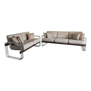 Mid Century Heinz Meier Stendig Hausmann Sofa and Loveseat: A mid century modern sofa made by Landes Furniture Mfg. Co. with a chrome rod and wood frame. This is an incredibly elegant and comfortable mid century modern sofa and loveseat set. i especially love