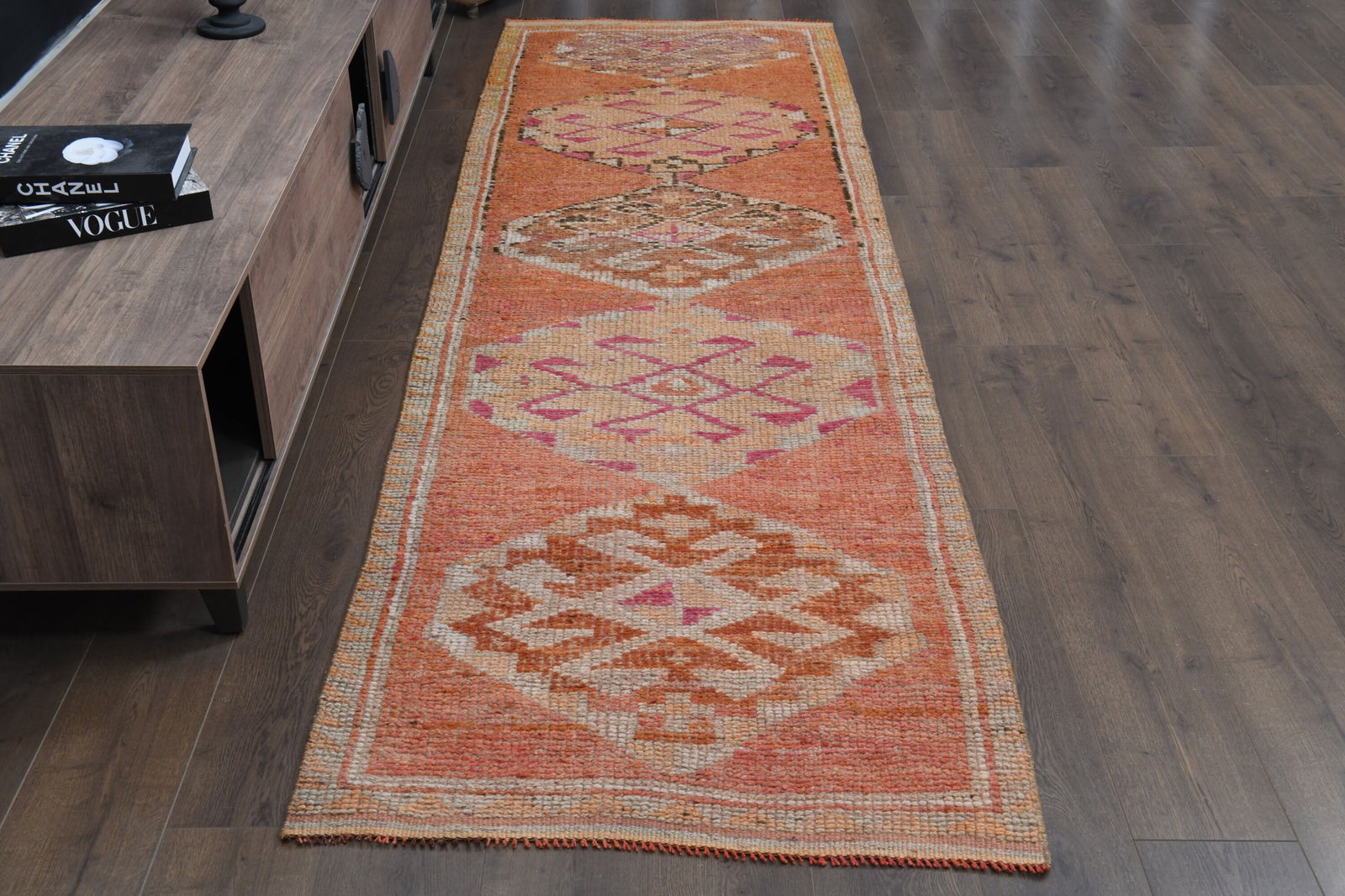 3'1x10'3 ft MINIMALIST ORANGE Turkish Antique: Title: 3'1x10'3 ft MINIMALIST ORANGE Turkish Antique Origin: Turkey Date/Period: 1960 - 1970 Materials: Wool And Cotton Size: Width: 3.1 feet Length: 10.3 feet Description: This Turkish one-of-a-kind