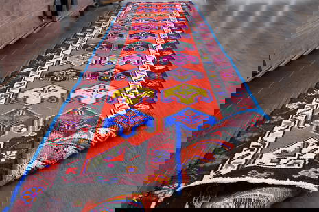 2'8x13 ft COLORFUL DESIGN Turkish Nursey Aesthetic: Title: 2'8x13 ft COLORFUL DESIGN Turkish Nursey Aesthetic Origin: Turkey Date/Period: 1960 - 1970 Materials: Wool And Cotton Size: Width: 2.8 feet Length: 13 feet Description: This Turkish one-of-a-ki
