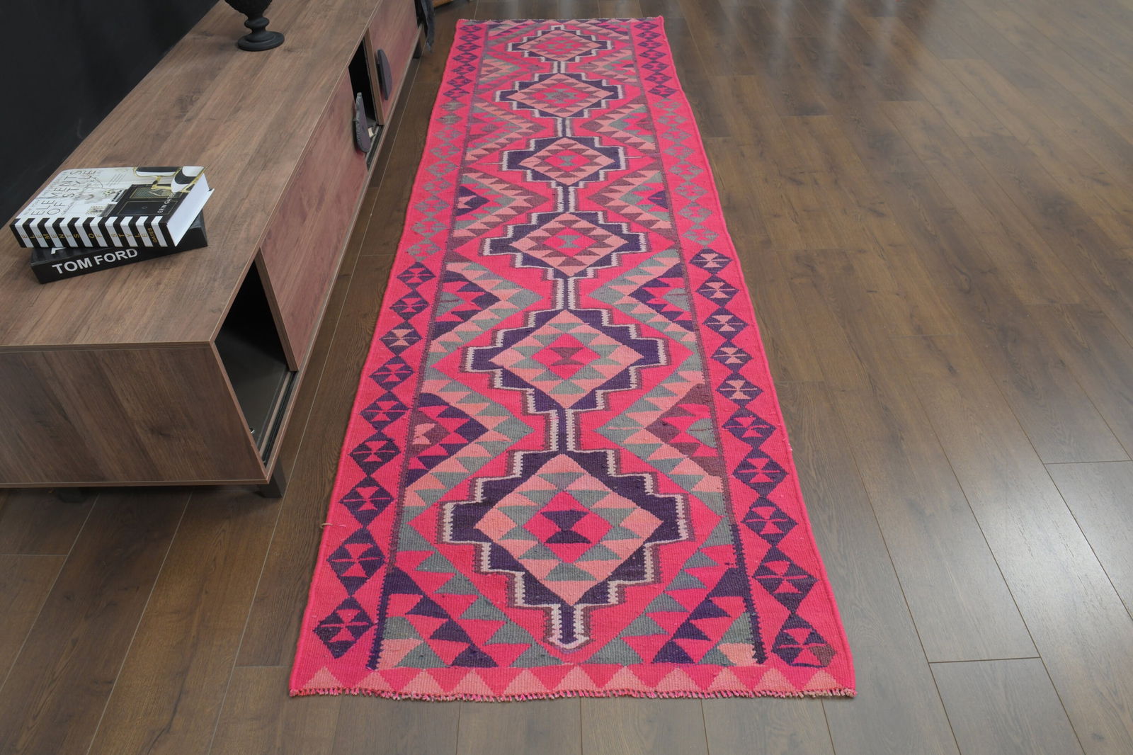 3x10'2 ft STAIR PINK TURKISH Antique Bohemian: Title: 3x10'2 ft STAIR PINK TURKISH Antique Bohemian Origin: Turkey Date/Period: 1960 - 1970 Materials: Wool And Cotton Size: Width: 3 feet Length: 10.2 feet Description: This Turkish one-of-a-kind Vi