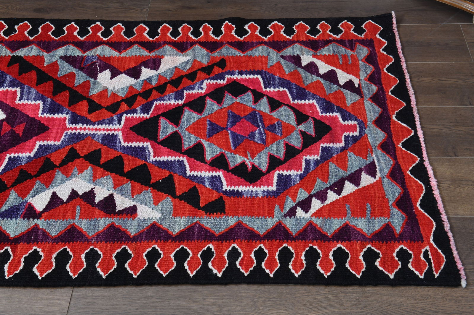 3'3x10'9 ft RED PURPLE PINK Turkish Antique s Stair: Title: 3'3x10'9 ft RED PURPLE PINK Turkish Antique s Stair Origin: Turkey Date/Period: 1960 - 1970 Materials: Wool and Cotton Size: Width: 3.3 feet Length: 10.9 feet Description: This Turkish one-of-a