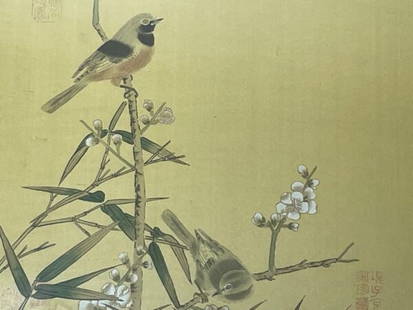 Chinese Painting 2 Wild Birds Plum Blossom Eyes After Zhao Ji (趙佶, 1082–1135): Chinese Ornithological, Art Gallery & Museum Interest Fine Art Mixed Media Work Of Art Painting 2 Birds Eyes With Plum Blossoms After Zhao Ji (趙佶, 1082–1135). In the style of after