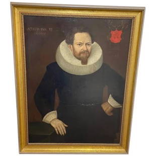 Large Early 17th Century Oil Painting Portrait Dutch Golden Age Merchant: Fine Large Early 17th Century Oil Painting Portrait Important Dutch Golden Age Merchant Gentleman. Three quarter length front profile view portrait of a wealthy bearded Dutch Merchant Gentleman. He is