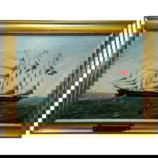 French Victorian Oil Painting Marine Barquentine Ship Charles James Off Dunkirk: Fine Large Antique Victorian 19th Century French Work of Art Oil Painting Marine Barquentine Ship Charles James Off Dunkirk By Henry Versailles. Subject seascape marine portrait of the British 3 maste