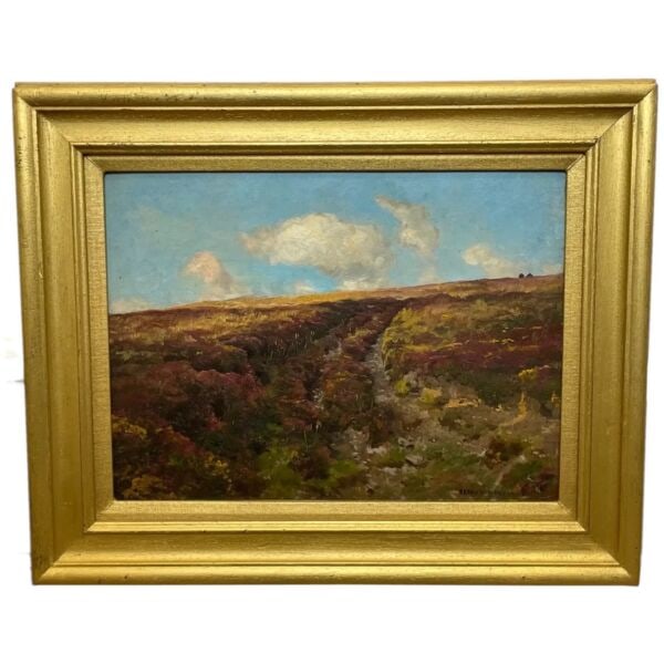 Antique British Oil Painting Exmoor Landscape by Arthur Wardle 1860-1949: Fine Antique British Work of Art Oil Painting Exmoor Landscape by Arthur Wardle 1860-1949. Subject beautiful traditional landscape view of Exmoor, with sloping moor hills & expansive grassland with he