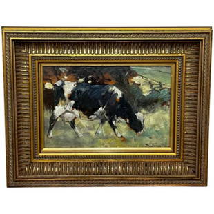 Impressionist Scottish Animal Oil Painting Friesian Cow by George Smith RSA: Fine Art Impressionist Scottish Edwardian Animal Oil Painting Friesian Cow by George Smith RSA. Subject beautiful impressionist portrait of a black and white Friesian cow grazing in a farm field. A gr