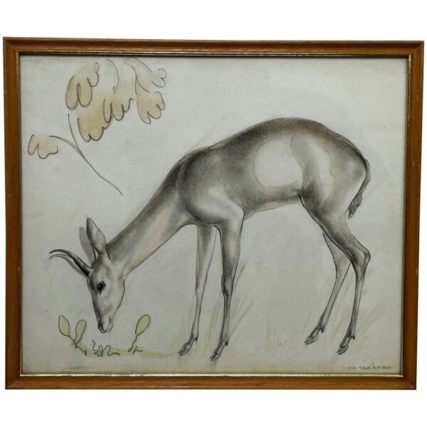Watercolour Painting The Deer Signed By John Rattenbury Skeaping 1901-1980: Fine Art British Mixed Media Watercolour Animal Painting The Deer Signed By John Rattenbury Skeaping 1901-1980. Subject beautiful portrait of a deer that is grazing on green vegetation. A great exampl