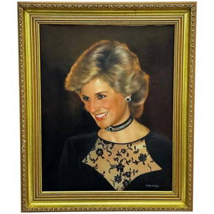 Oil Painting Princess Diana Diamond Sapphire Choker Midnight Blue Velvet Dress: Vintage Fine Realism Art British Oil Painting Portrait Of Lady Diana Royal Princess Of Wales In Formal Midnight Blue Dress Wearing Diamond Chocker On State Visit. Title “Lady Diana Wearing a Diamond