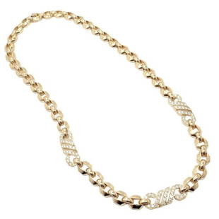 Authentic! Cartier Vintage Fox Trot 18k Yellow Gold Diamond Necklace 1980's: Metal: 18k Yellow Gold Measurements: Width: 9mm Length: 17" Weight: 82 grams Stones: ***** 75 round brilliant cut diamonds VVS1 clarity, E color total weight approximately 2.00ct Includes copy of