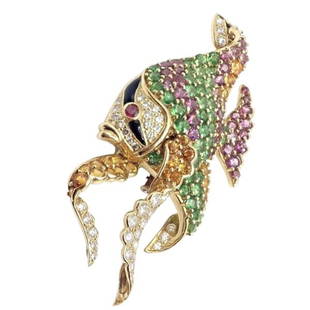 Authentic! Rare Jean Vitau 18k Yellow Gold Diamond Color Stone Angel Fish Brooch: The authentic rare Jean Vitau 18k yellow gold diamond tsavorite yellow sapphire ruby Angel Fish Brooch is a stunning example of the designer's exquisite craftsmanship. The Angel Fish design is