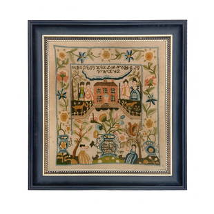 Megan Ann 1770 Embroidery Needlepoint Sampler Framed PRINT: Title: Megan Ann 1770 Embroidery Needlepoint Sampler Framed PRINT Description: The printed image is framed behind glass in an 11-3/4" x 12-3/4" Black and Gold Bead Frame. &#8211; Black frame with gold