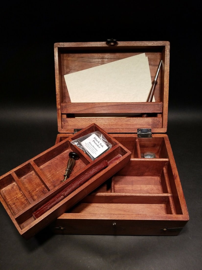 Wood Writing Set Desk Box: Title: Wood Writing Set Desk Box Description: 10" x 8 3/4" Wide x 5" High Beautiful and creative reproduction antique box with an assortment of storage areas and accessories. Made from a beautiful har
