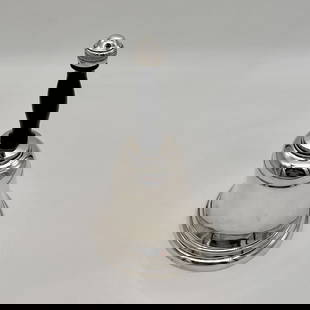 Mid 20th Century Modern Silverplate Bell Shaped Cocktail Shaker Circa 1950 Alfred Dunhill: Title: Mid 20th Century Modern Silverplate Bell Shaped Cocktail Shaker Circa 1950 Alfred Dunhill Subtitle: Stylish art deco revival silverplate bell formeed cocktail shaker retailed by the highly pres
